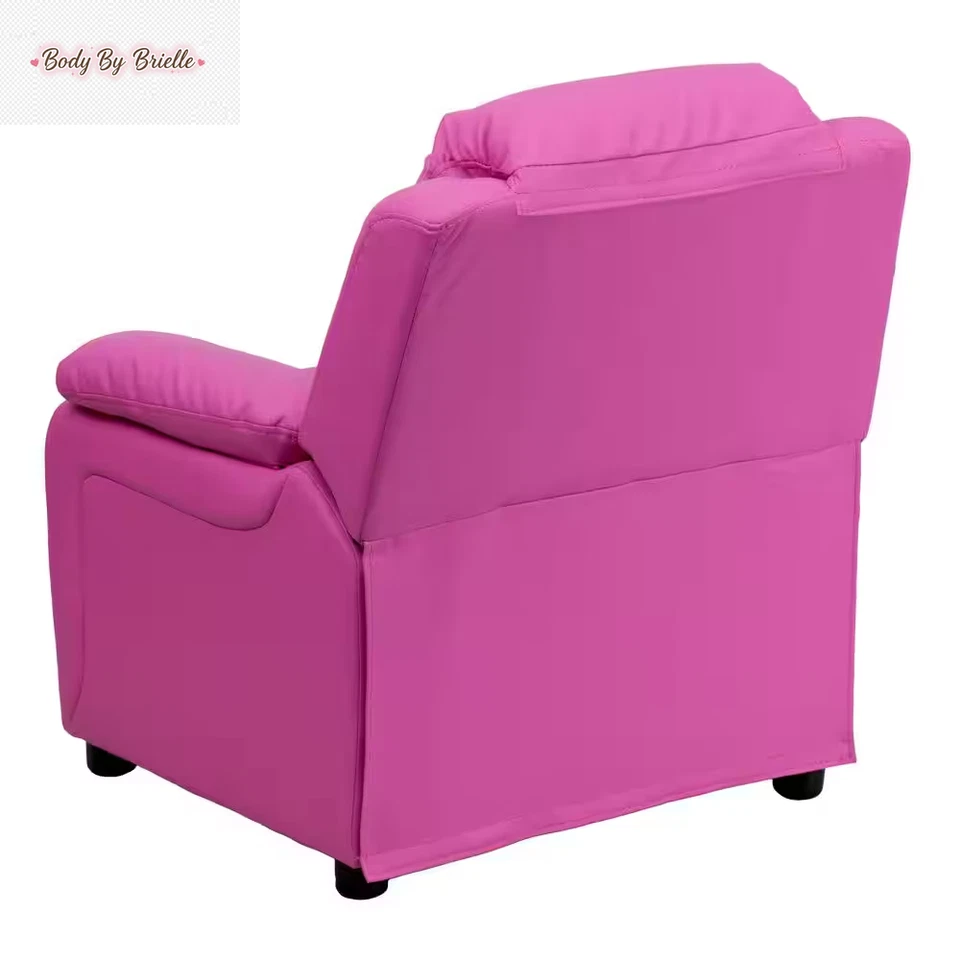 Reclinable de lujo acolchado contemporáneo de vinilo rosa intenso para niños con brazos de almacenamiento Foto 3 de 4