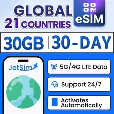 Global (USA, China, Italy, more) eSIM- 30GB High-Speed, 30 Day JetSim/Travel SIM