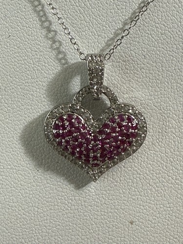 Sterling Silver 925 Prong Set Lab Made Ruby Cluster Heart Pendant W PB Earrings - Picture 2 of 9