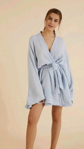 The Handloom Los Angeles Luna Kimono Wrap Baby Blue Cotton OS Retail $165 - Picture 3 of 17