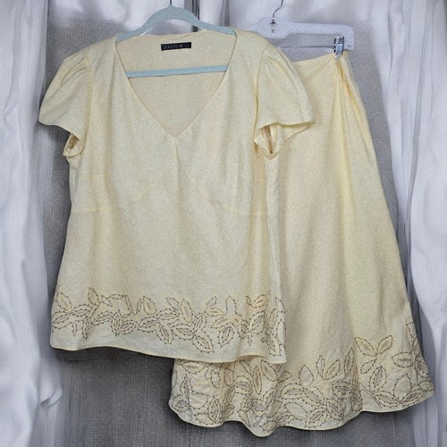 Lafayette 148 New York Linen Skirt Set Leaf Embroidery Women's Size 14 Yellow