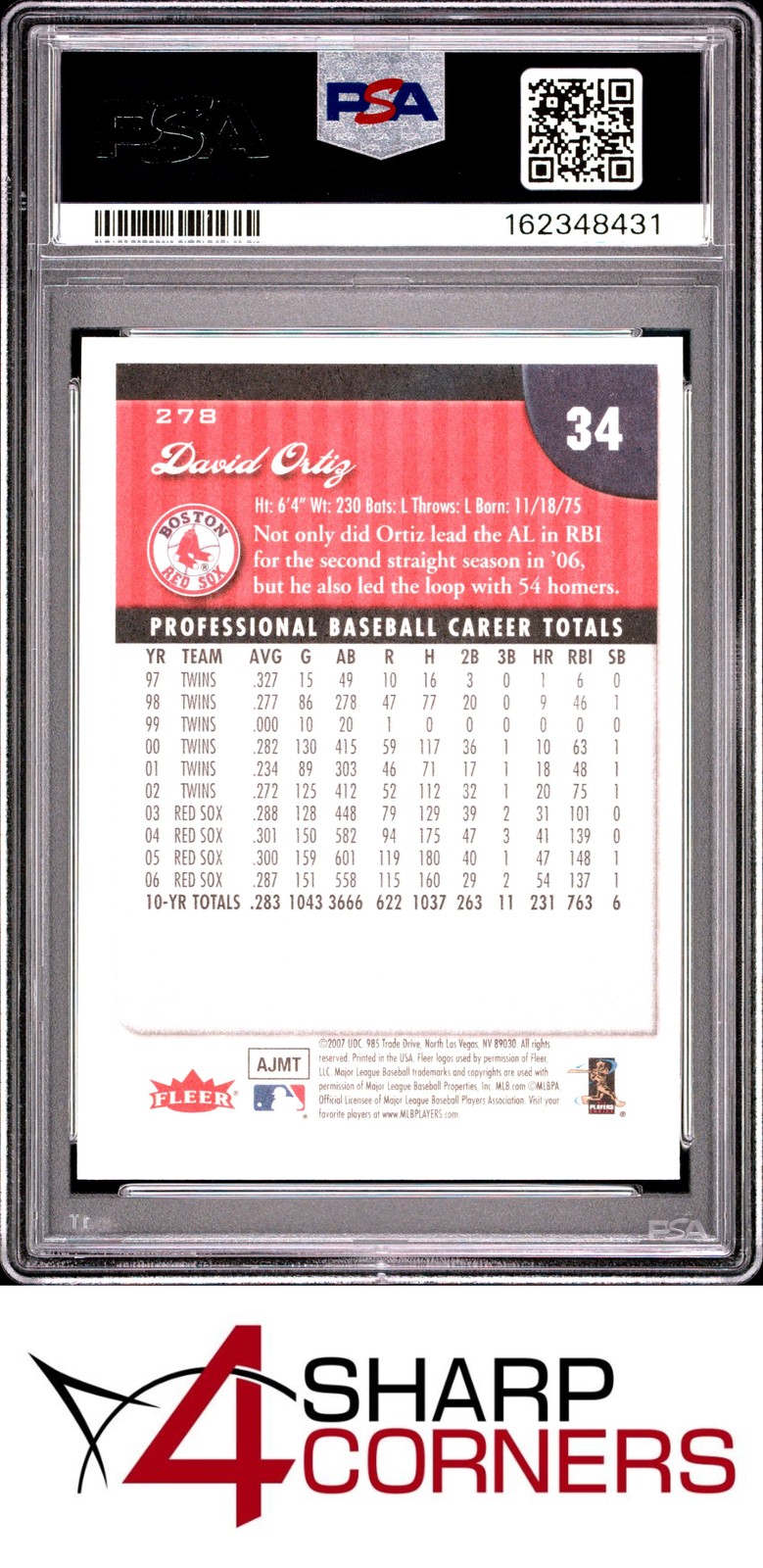 2007 FLEER #278 DAVID ORTIZ RED SOX HOF POP 5 PSA 10 view 2
