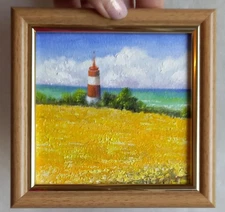 Original Oil Painting  Seascape Lighthouse Summer Small Wall Art  4 x 4 in