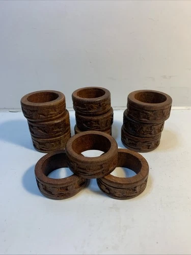 Set Of 12  Wooden Hand Carved Napkin Rings Napkin Holders  1 7/8"  Brown