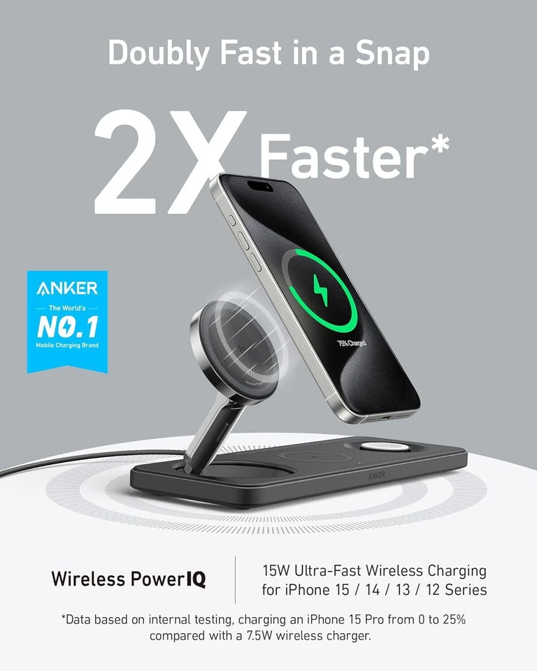 Anker 3-in-1 Wireless Charging Station Foldable 15W Qi2 Certified Charger|Refurb - Image 2 of 4