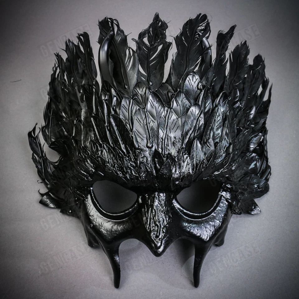 Black Raven Devil Masquerade Face Mask Feathers Gothic Halloween Costume Cosplay - Image 2 of 3