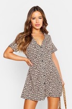 Boohoo Petite Leopard Print Button Shift Dress Women Size 8 NEW WITH TAGS NWT
