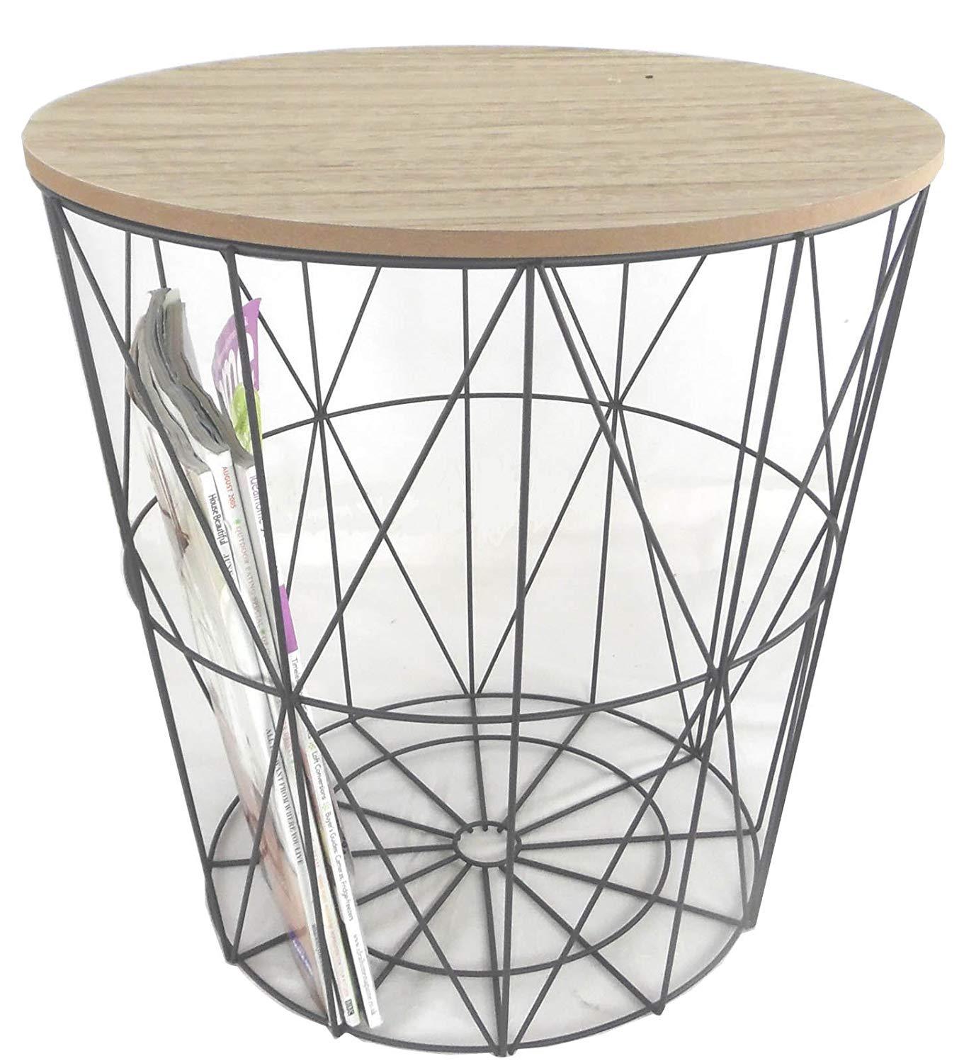 Retro Black Metal Wire Round Wood Top Storage Side Table Basket Home