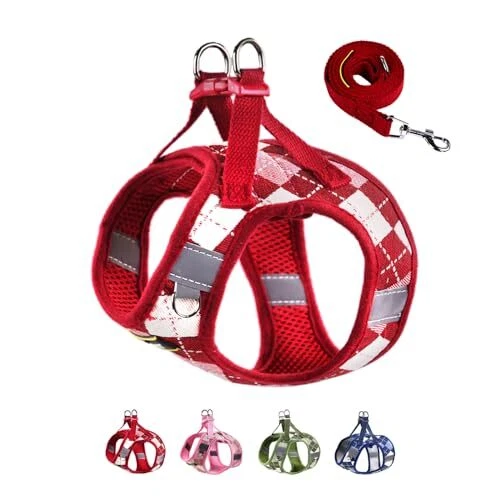 Dog Harness & Leashet Adjustable formall Medium Puppies, No S Checkered-Red