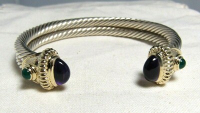 David Yurman Sterling Silver 14K Amethyst Green Stone Double Cable  Bracelet