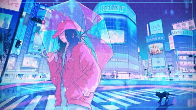 Anime girls tokyo umbrella black cats city lights road Play Gaming Mat Desk