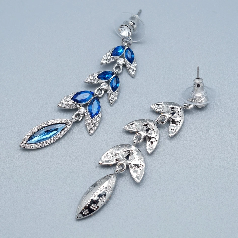 Pendientes colgantes cristal azul estrás borla enchapada en plata hoja mujer joyería Foto 4 de 4