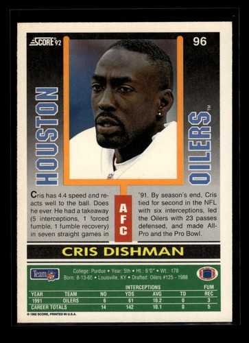 1992 Score #96 Cris Dishman (NM)(FTB) - Picture 2 of 2