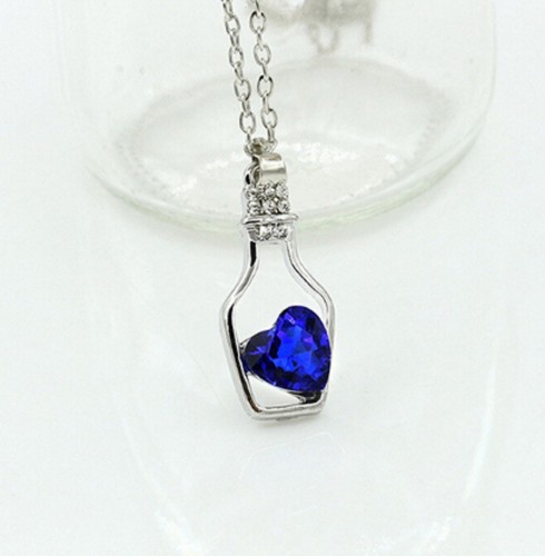Heart Pendant Bottle Crystal Chain Necklace 925 Silver Gift Blue Rose Pink Blue - Picture 6 of 8