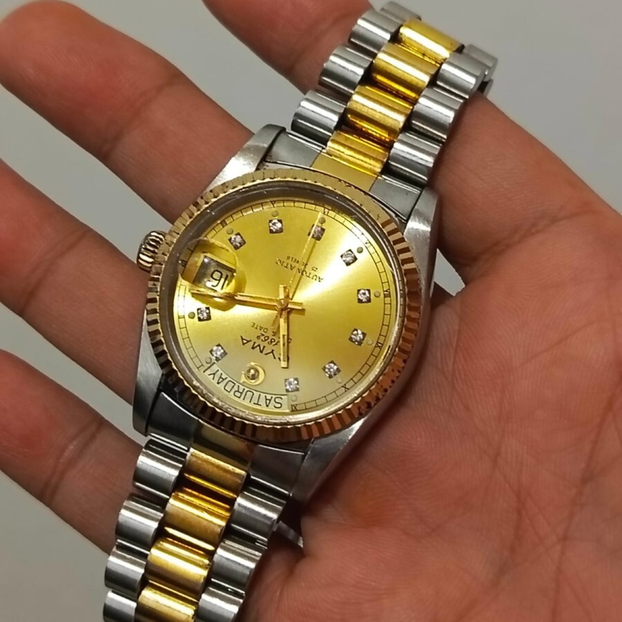 Rare Cyma President Automatic Gold Dial Index Diamond Swiss
