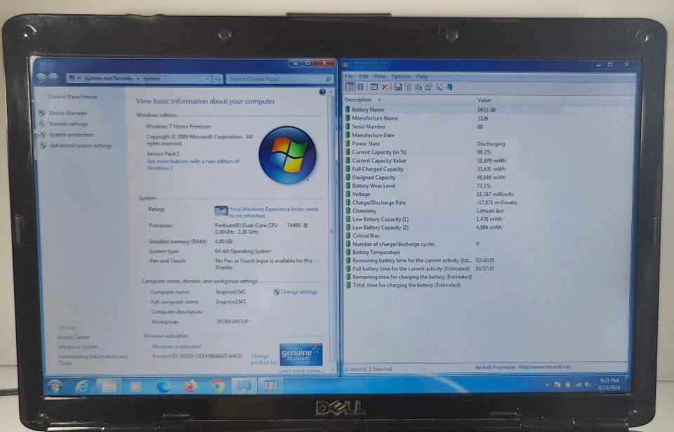Dell Inspiron 1545 Intel Pentium T4400  2.20GHz/4GB RAM/500GB HDD/15.6" Win 7 - Image 2 of 4