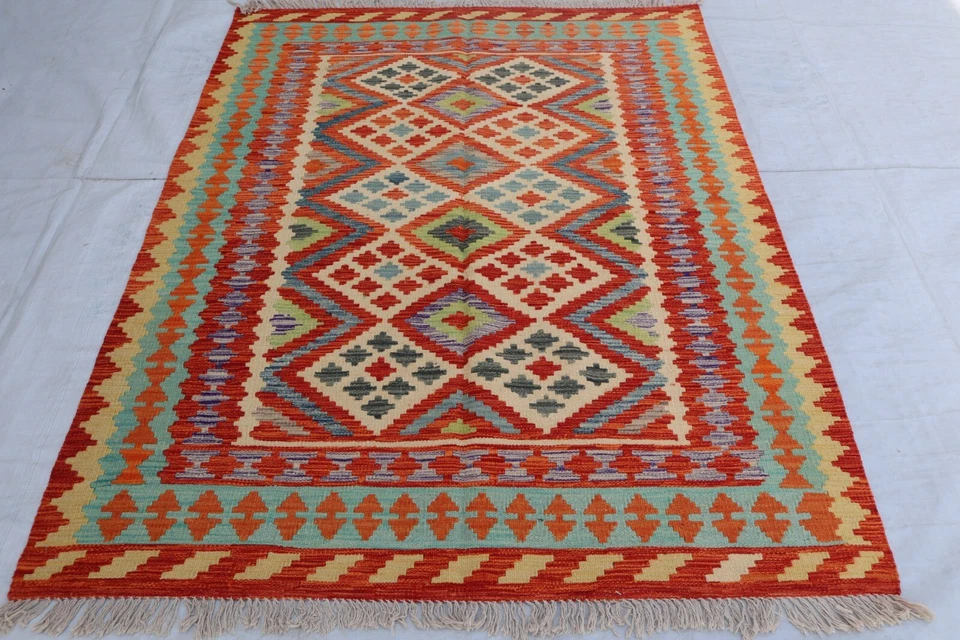 象牙色红色阿富汗地毯 5x7 平织地毯,红色天然素食染料手工编织部落地毯 — 第 3/4 张图片