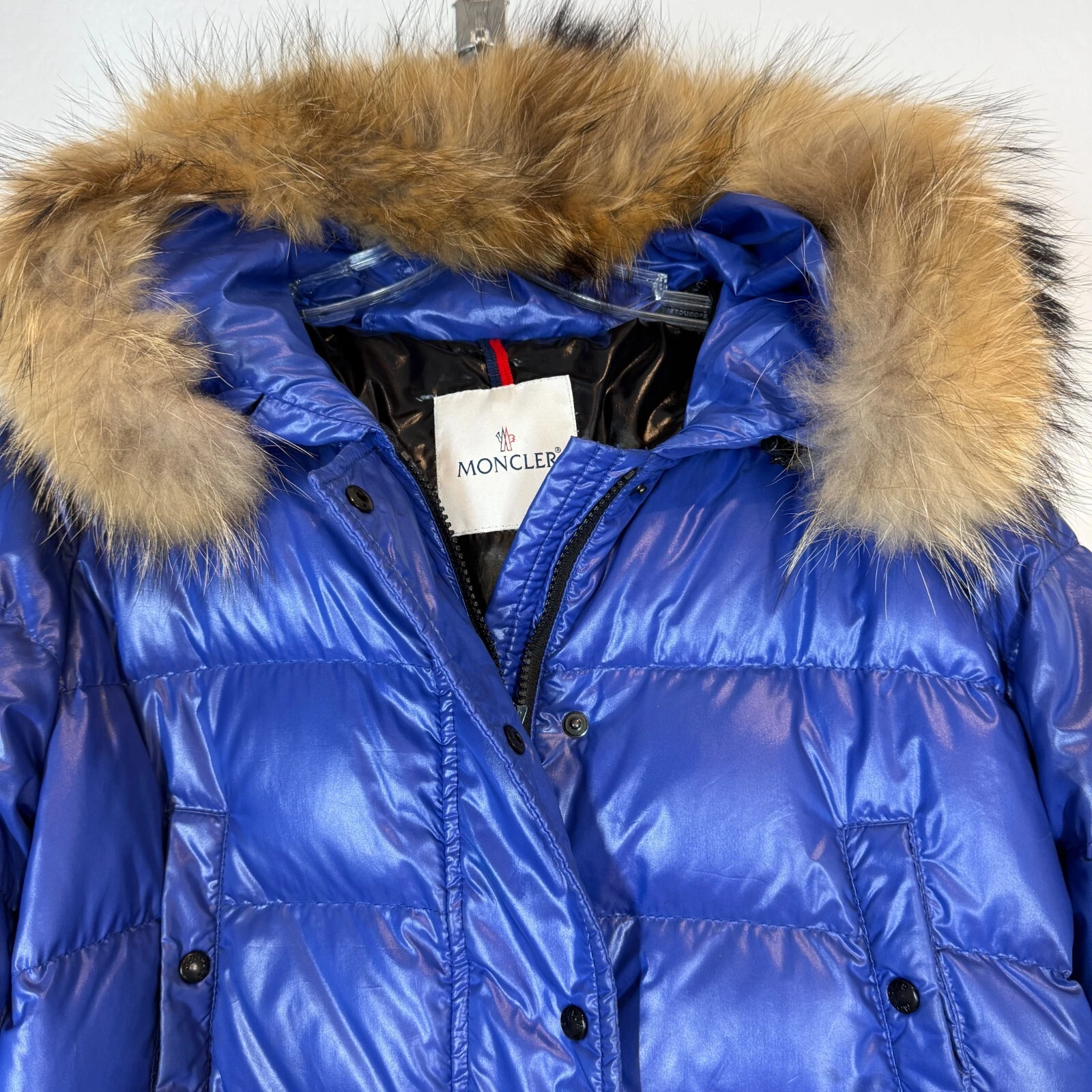 Moncler Alpes Puffer Jacket blu con cappuccio trapuntato piumino vera pelliccia orlo taglia large