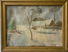 Dipinto A Olio Paesaggio Invernale Con Neve KH Firmato Con Cornice Vintage