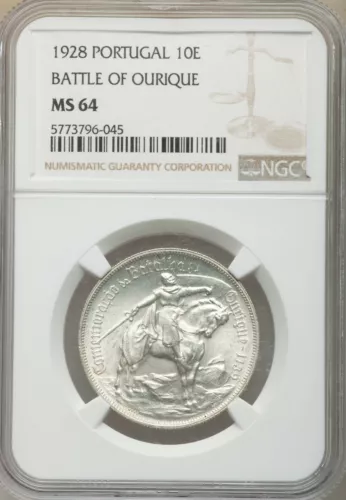 PORTUGAL , SILVER 10 ESCUDOS 1928 - BATTLE OF OURIQUE - NGC MS 64 , RAREQ
