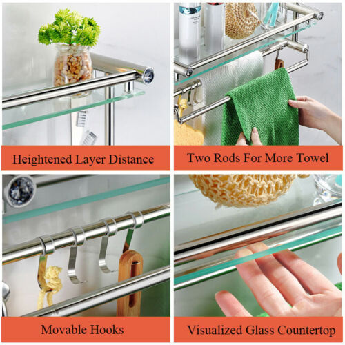 Wall Mounted Storage Rack Bathroom Glass Floating Shelves & 2 Towel Bar Hanger - Picture 3 of 12