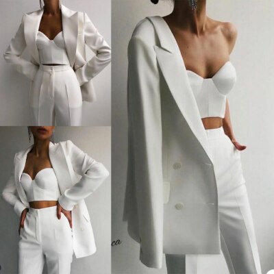 White Bridal Wedding Suits Peaked Lapel Long Sleeve Bride Photography Outfits