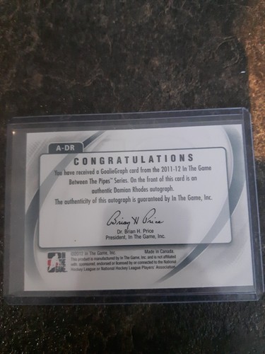 2011-12 In The Game Between The Pipes Auto Damian Rhodes Card# A-DR - Picture 2 of 2
