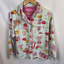 Nick & Nora Pajama Top S Small Button Front Macaron Print Long Sleeve Cotton