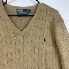 Polo Ralph Lauren Cable Knit Sweater Mens XL Brown Tussah Silk V Neck Preppy VTG