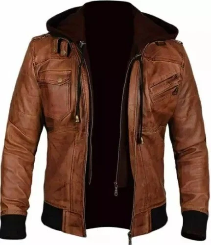 Men’s Brown Real Leather CAFE Racer Biker Jacket Vintage Motorcycle Hoodie Style