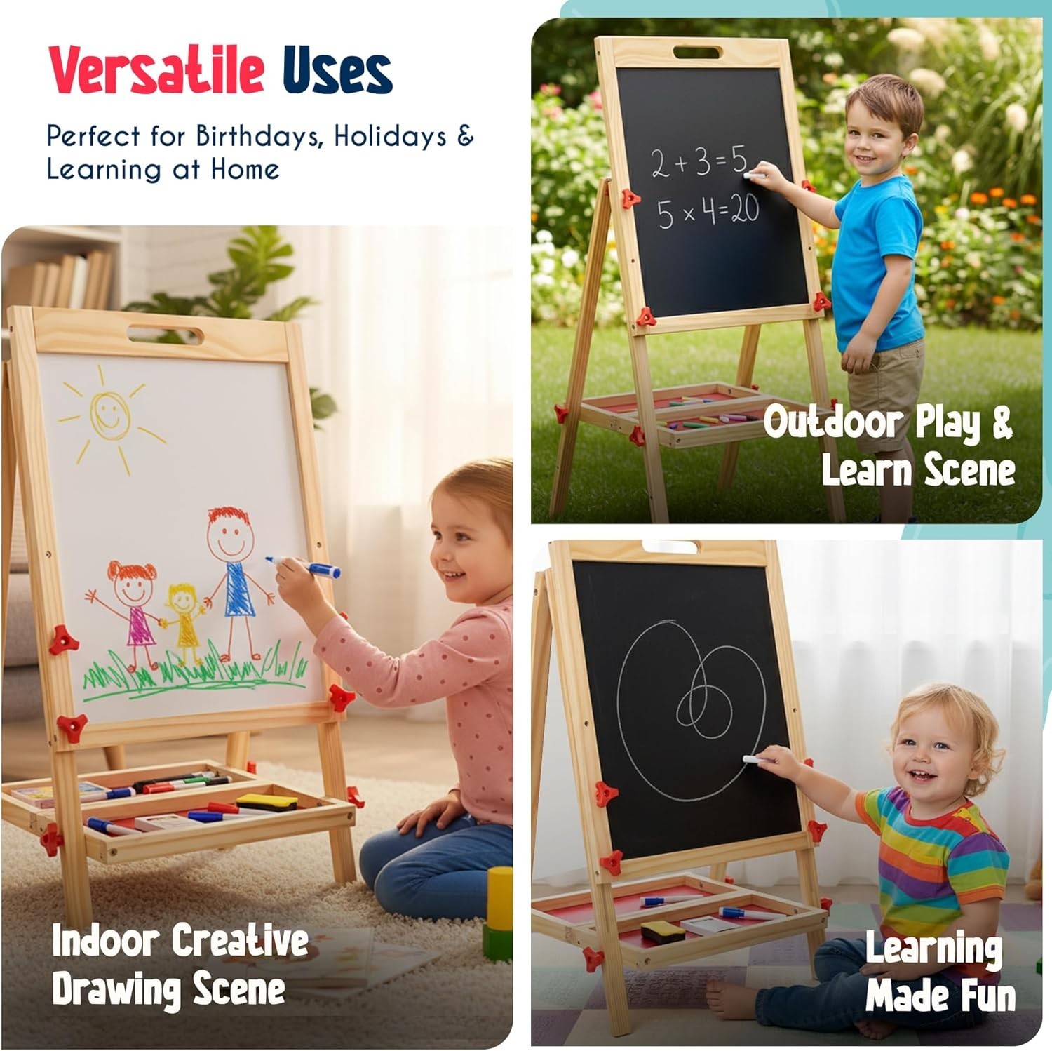 Wooden Kids Art Easel Double Sided Adjustable Height Accessories Chalk Marker
