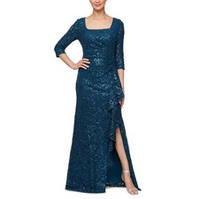 Alex Evenings Sequin Lace Gown Dress Square-Neck 3/4-Sleeve Deep Teal Size 8 NWT