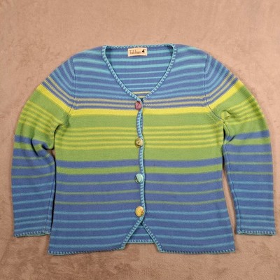 Tulchan Strickjacke Damen L blau grün gestreift Baumwolle Strick Knopf Freizeit Vintage