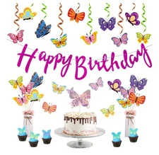 Butterfly Party Decorations - Cake Centerpiece - Happy Birthday Banner 47pc