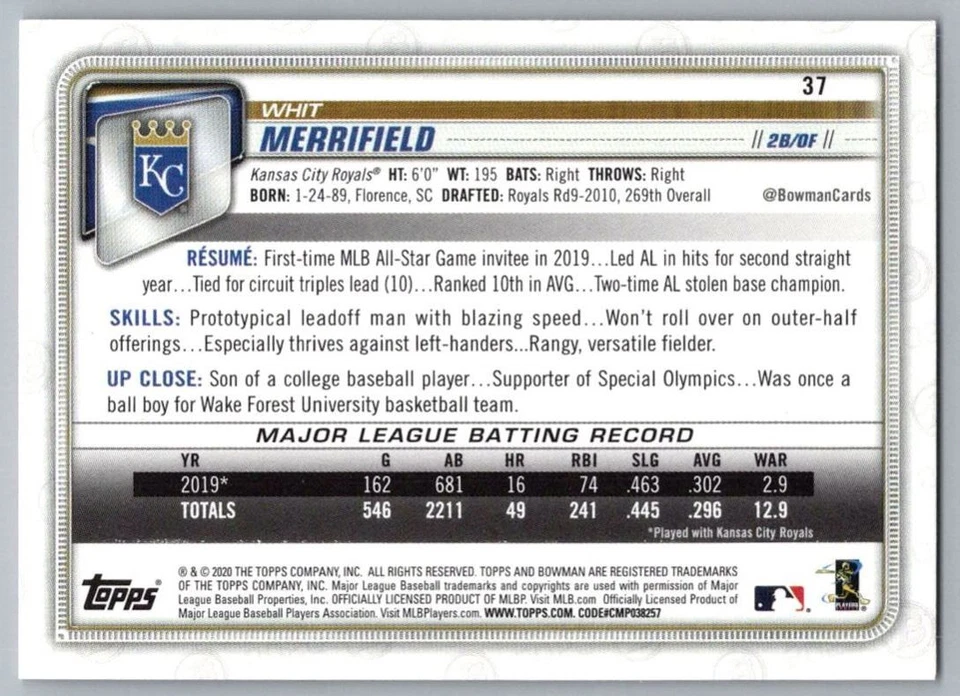 2020 Bowman Whit Merrifield Kansas City Royals #37 - Image 2 of 2