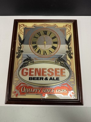 Vintage Genesee Beer Mirror Clock 1977 TESTED WORKS Breweriana Display Clock