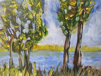 Trees Original Art 14X11 Paper Acrylic Abstract Lake