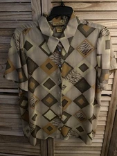 CDW Creative Design Works Top Blouse Size L Short Sleeve Sheer Button Up Vintage