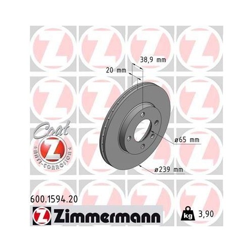 Bremsscheibe Zimmermann 600.1594.20 Coat Z für Vag Vw (svw) Vorderachse - Bild 1 von 2