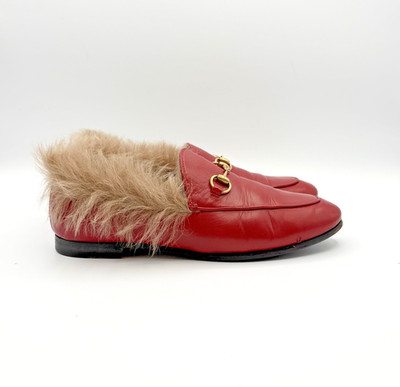 Gucci Red Leather Jordaan Loafers w/ Fur Shearling Trim & Gold Horse-bit EU 37