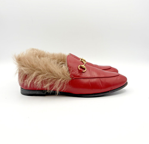 Gucci Red Leather Jordaan Loafers w/ Fur Shearling Trim & Gold Horse-bit EU 37