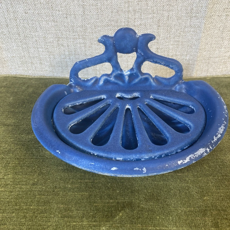 Jabonera antigua de hierro fundido azul cobalto bandeja independiente francesa Art Nouveau Foto 3 de 4