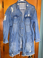 Womens Long Distressed Blue Jean Denim Jacket M/L