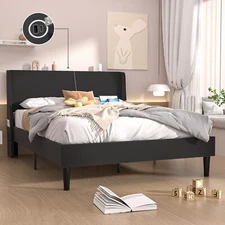 VECELO Bed Frame Full/Queen Size w/Wing Side Upholstered Headboard and USB Ports