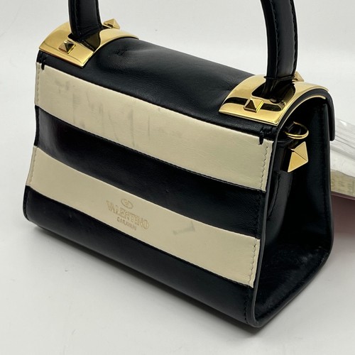 Valentino Tachuelas Mini Bolso de Mano 2 Vías Negro Blanco Borde Auténtico De Japón - Imagen 8 de 24