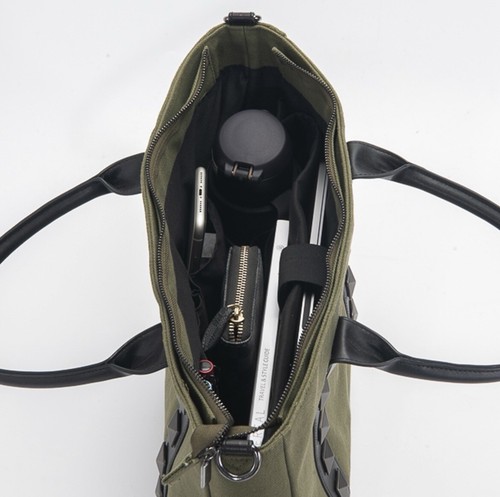 Scarsella ‘Dakota’ Olive Green Canvas Black Leather Studded Laptop Bag Carrycase - Picture 8 of 9