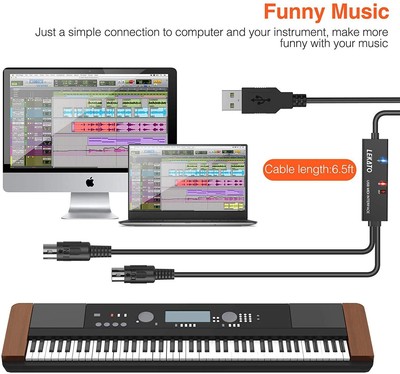 Lekato MIDI Kabel, USB MIDI Adapter mit Blinkleuchte 5 Pin MIDI Schnittstelle zu
