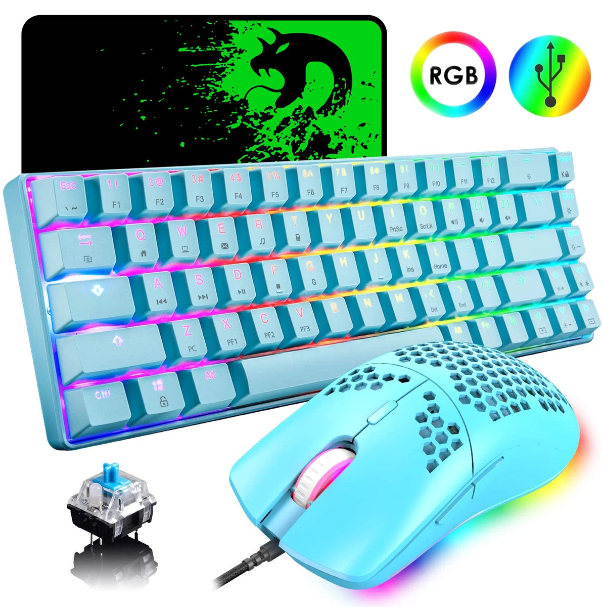 Wired Gaming Keyboard and Mouse set Rainbow Backlit 6400 DPI for PC PS4  Xbox one