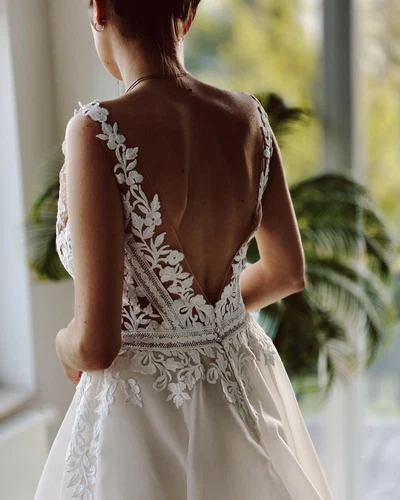 Boho Chiffon Brautkleid Hochzeitskleid Illusion Spitze Korsage m.Träger Summer - Bild 5 von 8