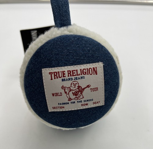 TRUE RELIGION Logo Patch Earmuffs NWT Blue Denim Buddha Patch - Picture 2 of 4